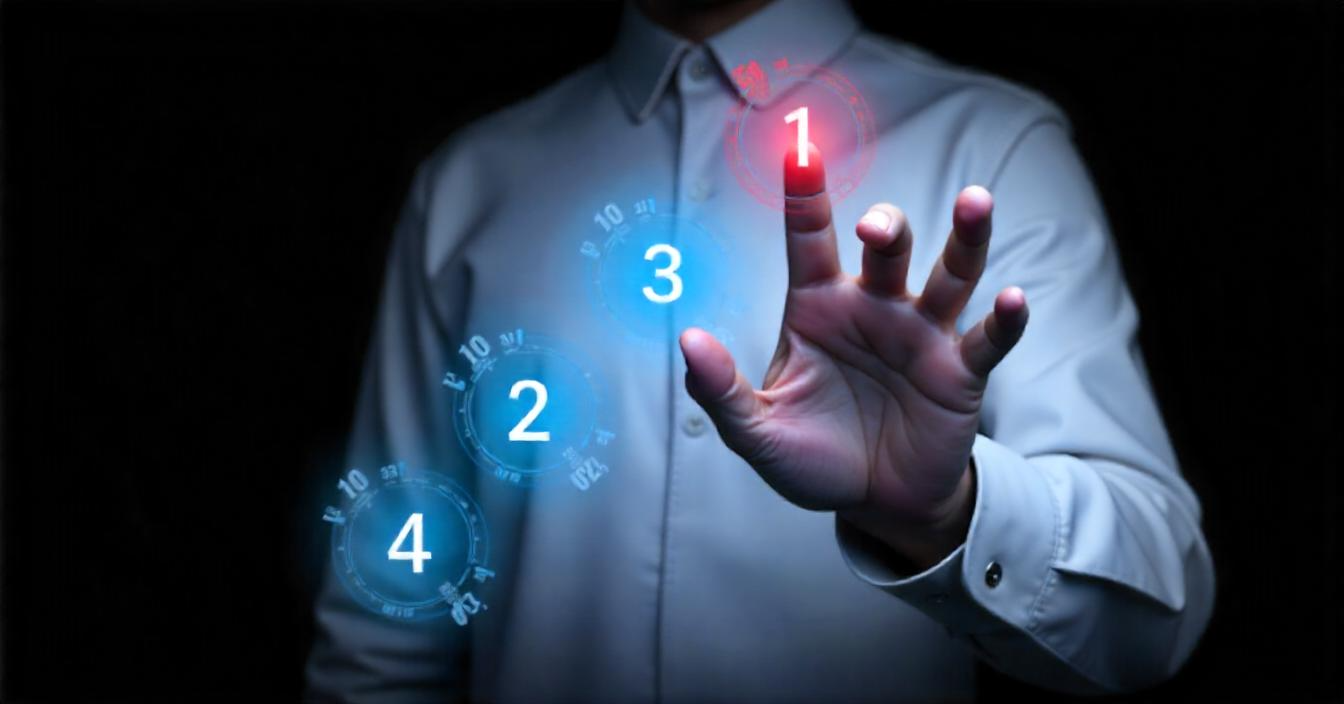 A person in a buttoned-up dress shirt is touching the number 1 near the top of the screen, with the numbers 3, 2, and 1 appearing to the left on a downward slope. A US trademark gives foreign entities legal protection for their brand in the United States. It prevents others from using a similar mark for related goods or services and can enhance brand value and trust among American consumers.