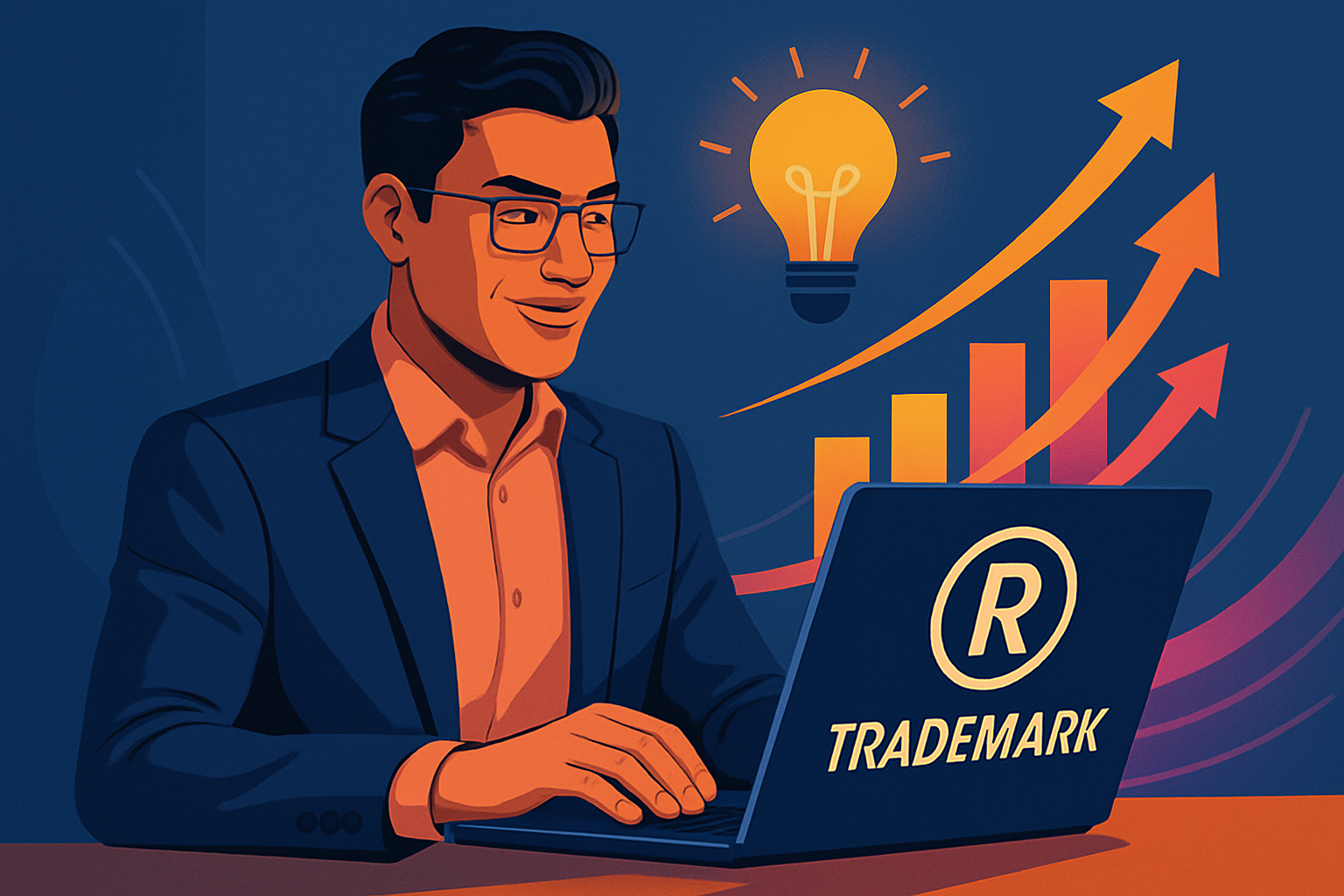 AI-generated image of man at a desk with a trademark registration symbol displayed on the back of a laptop