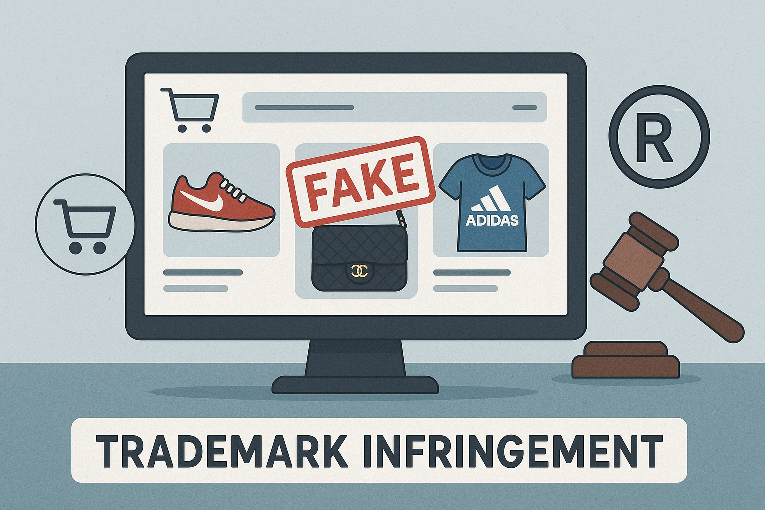 AI-generated images of products displayed on a computer monitor bearing the Nike 'swoosh' symbol, Adidas trademark, and Chanel logo, with the word 'FAKE' superimposed over them and the phrase 'Trademark Infringement' below the monitor