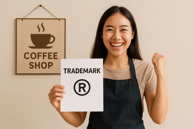 AI-generated image of a happy business woman excited and holding a trademark registration certificate