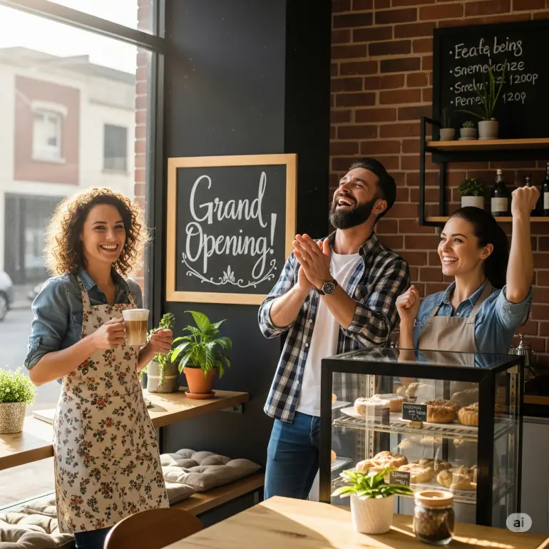 AI-generated image of small business owners in their coffee shop celebrating its grand opening