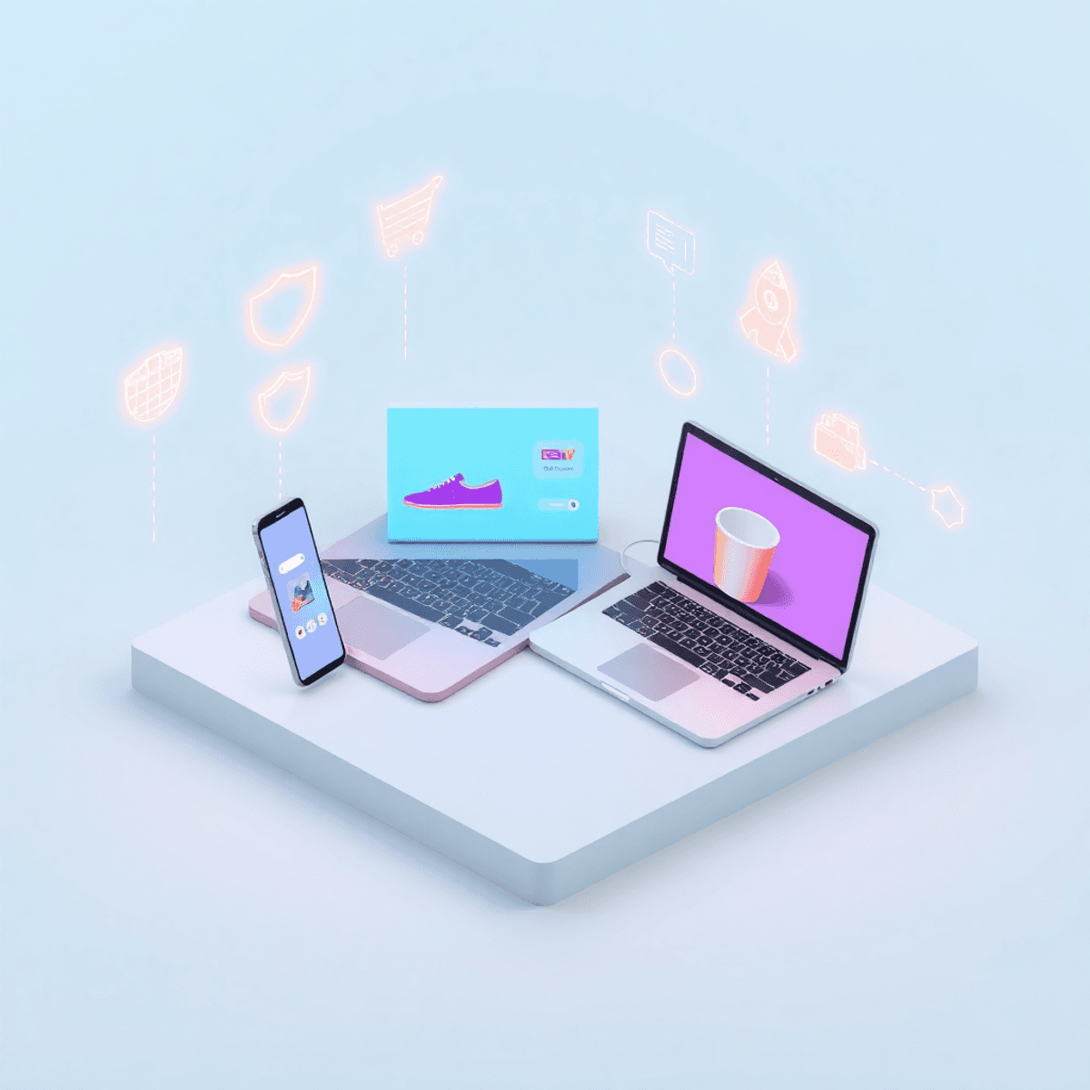 Isometric 3D scene with a smartphone and laptop showing product images, surrounded by glowing e-commerce icons on a soft blue and grey gradient background.